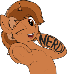 Size: 1835x2012 | Tagged: safe, artist:zippysqrl, oc, oc only, oc:sign, species:pony, species:unicorn, armpits, body writing, bust, chest fluff, female, freckles, looking at you, mare, mute, nerd, one eye closed, open mouth, pointing, pointing at you, semi-anthro, simple background, solo, transparent background, underhoof, wink