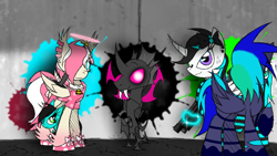 Size: 1280x720 | Tagged: safe, alternate version, artist:didun850, oc, oc only, oc:chilling, oc:dull, oc:feather breeze, oc:hydro rose, oc:samm, species:alicorn, species:changeling, species:changepony, species:pegasus, species:pony, alicorn oc, clothing, curved horn, disguise, disguised changeling, ear piercing, earring, fangs, female, freckles, glowing horn, gun, hair over eyes, halo, horn, hybrid, jewelry, magic, mare, pegasus oc, piercing, pink changeling, raised hoof, signature, socks, solo, striped socks, telekinesis, weapon, wings