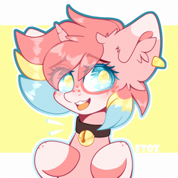Size: 2000x2000 | Tagged: safe, artist:etoz, oc, oc only, oc:milky (rigbythememe), species:pony, species:unicorn, bell, bell collar, blushing, bust, cat bell, collar, colored, commission, cute, ear fluff, eyebrows, female, flat colors, horn, mare, open mouth, simple background, smiling, solo, unicorn oc, wingding eyes