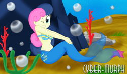 Size: 2448x1440 | Tagged: safe, artist:cyber-murph, character:bon bon, character:sweetie drops, my little pony:equestria girls, belly, belly button, bubble, coral, mermaid, mermaidized, midriff, one eye closed, rock, seashell bra, seaweed, signature, sitting, smiling, species swap, starfish, underwater, wink