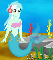 Size: 1710x1908 | Tagged: safe, artist:cyber-murph, character:lyra heartstrings, my little pony:equestria girls, bandeau, belly, belly button, coral, cute, hairband, looking at you, lyrabetes, mermaid, mermaidized, midriff, rock, scales, seaweed, signature, smiling, smiling at you, species swap, tube top, underwater