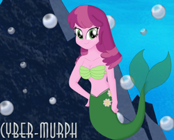 Size: 2448x1968 | Tagged: safe, artist:cyber-murph, character:cheerilee, my little pony:equestria girls, belly, belly button, boob freckles, breasts, bubble, chest freckles, freckles, hand on hip, mermaid, mermaidized, midriff, rock, seashell bra, signature, species swap, underwater