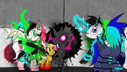 Size: 1280x720 | Tagged: safe, alternate version, artist:didun850, oc, oc only, oc:chilling, oc:dull, oc:feather breeze, oc:hydro rose, oc:mango, oc:samm, species:alicorn, species:bat pony, species:changeling, species:changepony, species:pegasus, species:pony, alicorn oc, bat pony oc, clothing, curved horn, disguise, disguised changeling, ear piercing, earring, fangs, female, freckles, glowing horn, gun, hair over eyes, horn, hybrid, jewelry, magic, mare, pegasus oc, piercing, pink changeling, raised hoof, signature, socks, striped socks, telekinesis, weapon, wings