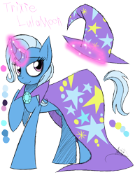 Size: 888x1150 | Tagged: safe, artist:didun850, character:trixie, species:pony, species:unicorn, cape, clothing, eyelashes, eyeliner, female, glowing horn, hat, horn, magic, makeup, mare, raised hoof, reference sheet, signature, simple background, smiling, telekinesis, text, transparent background