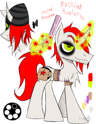 Size: 888x1150 | Tagged: safe, artist:didun850, oc, oc only, oc:russian roulette, species:pony, species:unicorn, bag, beanie, belt, bust, chest fluff, clothing, curved horn, eyeliner, glowing horn, gun, hair over one eye, hat, horn, magic, makeup, male, reference sheet, saddle bag, signature, smiling, stallion, telekinesis, text, unicorn oc, weapon