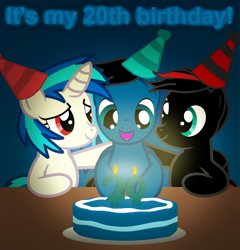 Size: 3589x3737 | Tagged: safe, artist:agkandphotomaker2000, character:dj pon-3, character:vinyl scratch, oc, oc:arnold the pony, oc:pony video maker, species:pegasus, species:pony, species:unicorn, birthday, birthday cake, birthday hats, cake, candle, canon x oc, food, videoscratch