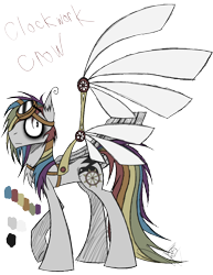 Size: 888x1150 | Tagged: safe, artist:didun850, oc, oc only, oc:clockwork crow, species:earth pony, species:pony, artificial wings, augmented, bags under eyes, earth pony oc, goggles, mechanical wing, multicolored hair, rainbow hair, reference sheet, signature, simple background, transparent background, wings