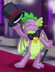 Size: 720x937 | Tagged: safe, artist:texasuberalles, character:spike, species:dragon, bow tie, clothing, eyes closed, hat, male, monocle, solo, top hat, walking stick, winged spike