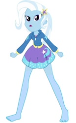 Size: 536x862 | Tagged: safe, artist:marcorois, edit, editor:thomasfan45, character:trixie, equestria girls:forgotten friendship, g4, my little pony: equestria girls, my little pony:equestria girls, angry, barefoot, barrette, clothing, cute, cutie mark on clothes, edited vector, feet, female, fist, jacket, legs, simple background, skirt, solo, vector, white background