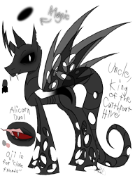 Size: 888x1150 | Tagged: safe, artist:didun850, oc, oc only, oc:oji, species:changeling, black sclera, changeling oc, glow, one eye closed, reference sheet, signature, simple background, slit eyes, sombra eyes, transparent background, white changeling