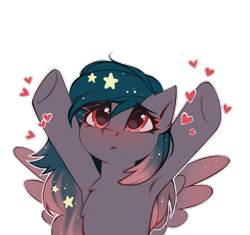 Size: 2649x2487 | Tagged: safe, alternate version, artist:share dast, oc, oc only, oc:star universe, species:pegasus, species:pony, armpits, blushing, cute, ethereal mane, female, galaxy mane, heart, high res, hooves, hooves up, love, mare, ocbetes, open arms, sad, simple background, solo, spread wings, tongue out, transparent background, upsies, white outline, wings