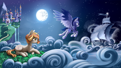 Size: 5000x2812 | Tagged: safe, artist:lunebat, oc, oc only, oc:crystal wishes, oc:silent knight, species:pegasus, species:pony, species:unicorn, canterlot, canterlot castle, cloud, detailed background, fanfic art, female, flying, grass, guard, lying down, male, mare, moon, night, scenery, ship, stallion