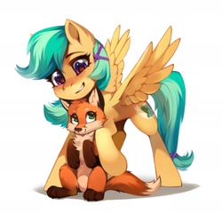 Size: 2384x2284 | Tagged: safe, artist:share dast, oc, oc only, oc:summer ray, species:fox, species:pegasus, species:pony, cute, freckles, simple background, solo, spread wings, white background, wings