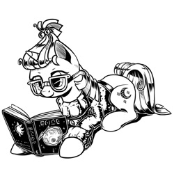Size: 990x990 | Tagged: safe, artist:lexx2dot0, artist:maytee, character:moondancer, species:pony, species:unicorn, book, female, glasses, monochrome, solo