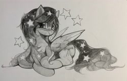 Size: 3716x2385 | Tagged: safe, artist:share dast, oc, oc only, oc:star universe, species:pegasus, species:pony, blushing, ethereal mane, female, looking at you, mare, monochrome, pencil drawing, prone, smiling, solo, stars, traditional art