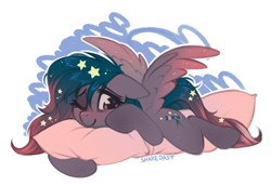 Size: 3000x2046 | Tagged: safe, artist:share dast, oc, oc only, oc:star universe, species:pegasus, species:pony, bed mane, body pillow, cute, ethereal mane, ethereal wings, female, mare, pillow, solo, spread wings, tired, waking up, wings