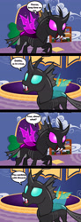 Size: 2006x5435 | Tagged: safe, artist:kayman13, artist:nimaru, character:thorax, species:changeling, bedroom, canterlot, comic, dahlia (changeling), dialogue, female, male, purple changeling, resident evil 4, speech bubble