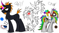 Size: 1280x720 | Tagged: safe, artist:didun850, oc, oc:clockwork crow, oc:le quill de von, species:earth pony, species:pony, species:unicorn, bags under eyes, blushing, bust, chest fluff, curved horn, eyeliner, gay, horn, makeup, male, multicolored hair, rainbow hair, reference sheet, stallion, white eyes