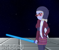 Size: 1656x1399 | Tagged: safe, artist:cyber-murph, character:sugarcoat, my little pony:equestria girls, clothing, commission, crossover, glasses, hood, lightsaber, pigtails, signature, space, species swap, star wars, twi'lek, twintails, weapon