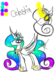 Size: 888x1150 | Tagged: safe, artist:didun850, character:princess celestia, species:alicorn, species:pony, bags under eyes, bust, ethereal mane, eyeliner, female, galaxy mane, glowing eyes, glowing horn, hoof shoes, horn, jewelry, makeup, mare, peytral, reference sheet, signature, simple background, tiara, white background