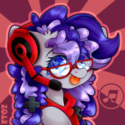 Size: 2500x2500 | Tagged: safe, artist:etoz, oc, oc:cinnabyte, species:earth pony, species:pony, adorkable, bandana, blep, cute, dork, eye clipping through hair, female, gamer, gaming headset, glasses, headset, icon, mare, nerd, solo, sunburst background, tongue out
