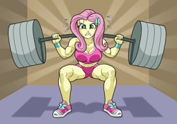 Size: 1280x896 | Tagged: safe, artist:art-2u, character:fluttershy, my little pony:equestria girls, barbell, belly button, biceps, breasts, busty fluttershy, cleavage, clothing, deltoids, female, gritted teeth, gym clothes, legs, looking at you, midriff, muscles, muscleshy, shoes, sneakers, solo, sports bra, sports panties, sports shorts, squatting, sweat, thighs, weight lifting