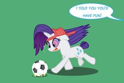 Size: 1014x682 | Tagged: safe, artist:magerblutooth, character:rarity, species:pony, species:unicorn, backwards ballcap, baseball cap, cap, clothing, football, hat, hypnosis, hypnotized, implied rainbow dash, sports, swirly eyes, tongue out