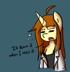 Size: 1160x1192 | Tagged: safe, artist:spheedc, oc, oc only, oc:honey desire, species:pony, species:unicorn, ahoge, clothing, dialogue, digital art, female, lab coat, mare, semi-anthro, shorts, simple background, solo, speech bubble, tank top, tired