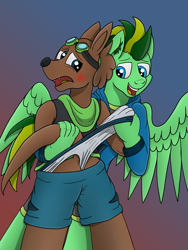Size: 3024x4032 | Tagged: safe, artist:tacomytaco, oc, oc only, oc:taco.m.tacoson, oc:ziggy, species:anthro, species:pegasus, species:pony, blushing, briefs, clothing, goggles, gradient background, hand, hoodie, hug, male, otter, pain, shorts, spread wings, underwear, wedgie, wings