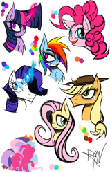 Size: 888x1400 | Tagged: safe, artist:didun850, character:applejack, character:fluttershy, character:pinkie pie, character:rainbow dash, character:rarity, character:twilight sparkle, character:twilight sparkle (unicorn), species:earth pony, species:pegasus, species:pony, species:unicorn, bags under eyes, chest fluff, clothing, curved horn, eyeliner, female, freckles, glowing horn, grin, hair over one eye, hat, horn, makeup, mane six, mare, raised hoof, reference sheet, signature, smiling