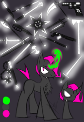Size: 888x1280 | Tagged: safe, artist:didun850, oc, oc only, oc:doll, species:pony, species:unicorn, chest fluff, chibi, curved horn, disguise, disguised changeling, female, glowing horn, gun, horn, knife, magic, mare, reference sheet, scythe, sickle, sword, telekinesis, unicorn oc, weapon