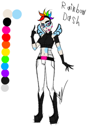 Size: 800x1100 | Tagged: safe, artist:didun850, character:rainbow dash, species:human, clothing, clown, female, humanized, reference sheet, signature, solo, winged humanization, wings