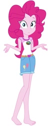 Size: 368x866 | Tagged: safe, artist:marcorois, edit, editor:thomasfan45, character:pinkie pie, equestria girls:legend of everfree, g4, my little pony: equestria girls, my little pony:equestria girls, barefoot, belt, camp everfree logo, camp everfree outfits, clothing, cute, denim shorts, edited vector, feet, female, legs, looking at you, pink skin, sexy, shirt, shorts, shrug, simple background, solo, t-shirt, tomboy, vector, white background