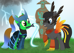 Size: 2673x1908 | Tagged: safe, artist:dyonys, oc, oc:lucky brush, oc:tanner, species:earth pony, species:pegasus, species:phoenix, species:pony, clothing, costume, dota 2, female, helmet, lightning, looking at each other, male, mare, mouth hold, phoenix dota, ponytail, raised hoof, razor, razor dota, show accurate, smiling, stallion, whip