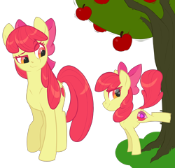 Size: 2868x2748 | Tagged: safe, artist:moonseeker, character:apple bloom, species:earth pony, species:pony, apple, apple tree, duality, female, filly, mare, older, older apple bloom, ponidox, self ponidox, simple background, solo, time paradox, transparent background, tree