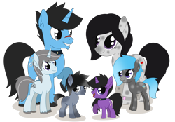 Size: 2678x1859 | Tagged: safe, artist:dyonys, oc, oc only, oc:dusk shine, oc:glory shine, oc:icy shine, oc:rosaline mollycoddle, oc:silver shine, oc:velvet shine, species:earth pony, species:pony, species:unicorn, bracelet, choker, colt, family, female, foal, jewelry, looking at each other, looking at you, male, mare, raised hoof, scar, show accurate, simple background, smiling, spots, stallion, transparent background
