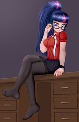 Size: 1300x2000 | Tagged: safe, artist:focusb, character:twilight sparkle, character:twilight sparkle (scitwi), species:eqg human, species:human, my little pony:equestria girls, adorasexy, breasts, busty sci-twi, busty twilight sparkle, clothing, crossed legs, cute, desk, digital art, female, glasses, human coloration, humanized, legs, looking at you, missing shoes, nail polish, necktie, pantyhose, ponytail, sexy, shirt, sitting, skirt, smiling, solo, stocking feet, twiabetes, watch, wristwatch