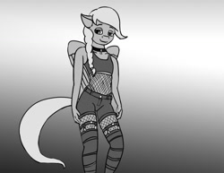 Size: 1280x989 | Tagged: safe, artist:warskunk, oc, oc:windswept skies, species:anthro, species:pegasus, species:pony, bedroom eyes, belly button, black and white, braid, charm, clothing, collar, crossdressing, femboy, fishnet clothing, fishnets, gradient background, grayscale, looking at you, male, monochrome, raffle prize, short shirt, shorts, solo, stockings, thigh highs