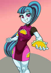 Size: 2480x3508 | Tagged: safe, artist:art-2u, character:sonata dusk, equestria girls:sunset's backstage pass, g4, my little pony: equestria girls, my little pony:equestria girls, spoiler:eqg series (season 2), clothing, commission, commissioner:someguy845, cute, dress, female, food, legs, looking at you, minidress, offering, ponytail, smiling, solo, sonatabetes, taco, taco dress, that girl sure loves tacos