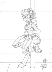 Size: 2550x3510 | Tagged: safe, artist:supra80, character:rarity, oc, oc:bittersweet, species:anthro, species:bird, species:pegasus, species:pony, species:unguligrade anthro, clothing, female, headphones, hoodie, jeans, monochrome, pants, pigeon, sketch, solo, traditional art
