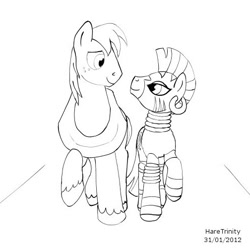 Size: 504x500 | Tagged: safe, artist:haretrinity, character:big mcintosh, character:zecora, species:earth pony, species:pony, species:zebra, ship:macora, eye contact, female, looking at each other, male, mare, monochrome, shipping, smiling, stallion, straight, walking