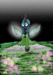 Size: 1280x1823 | Tagged: safe, artist:mr100dragon100, character:queen chrysalis, a better ending for chrysalis, black background, changedling wings, clothing, cute, cutealis, dress, flower, grass, light, simple background, stone