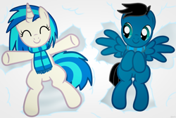 Size: 4925x3300 | Tagged: safe, artist:agkandphotomaker2000, character:dj pon-3, character:vinyl scratch, oc, oc:pony video maker, species:pegasus, species:pony, species:unicorn, canon x oc, clothing, scarf, simple background, snow, snow angel, videoscratch, white background, wings