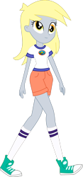 Size: 1280x2741 | Tagged: safe, artist:marcorois, character:derpy hooves, equestria girls:legend of everfree, g4, my little pony: equestria girls, my little pony:equestria girls, background human, camp everfree logo, camp everfree outfits, clothing, converse, cute, female, legs, shirt, shoes, shorts, simple background, smiling, sneakers, socks, solo, t-shirt, transparent background, vector, walking