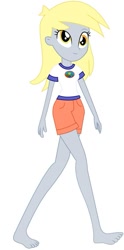 Size: 433x875 | Tagged: safe, artist:marcorois, edit, editor:thomasfan45, character:derpy hooves, equestria girls:legend of everfree, g4, my little pony: equestria girls, my little pony:equestria girls, barefoot, camp everfree logo, camp everfree outfits, clothing, cute, edited vector, feet, female, legs, shirt, shorts, simple background, solo, t-shirt, vector, walking, white background