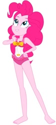 Size: 388x866 | Tagged: safe, artist:marcorois, editor:thomasfan45, character:pinkie pie, g4, my little pony: equestria girls, my little pony:equestria girls, bare shoulders, barefoot, clothing, cute, edited vector, feet, female, frilled swimsuit, hand on hip, happy, legs, one-piece swimsuit, simple background, sleeveless, smiling, solo, swimsuit, thinking, tricolor swimsuit, vector, white background