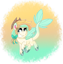 Size: 1297x1317 | Tagged: safe, artist:missmele-madness, oc, oc only, oc:seabreeze serenade, species:pony, species:seapony (g4), my little pony:pony life, bedroom eyes, bow, clothing, commission, cowboy hat, female, grin, hair bow, hat, hybrid, mare, multicolored hair, raised hoof, raised leg, simple background, smiling, solo, transparent background, trotting, unshorn fetlocks