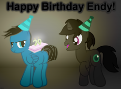 Size: 3529x2590 | Tagged: safe, artist:agkandphotomaker2000, oc, oc:endy, oc:pony video maker, species:pegasus, species:pony, species:unicorn, birthday, birthday cake, birthday card, butt, cake, candle, clothing, food, hat, party hat