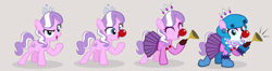 Size: 1900x505 | Tagged: safe, artist:magerblutooth, character:diamond tiara, species:earth pony, species:pony, blue mane, bulb horn, clothing, clown, clown makeup, clown nose, crown, ear piercing, earring, eyes closed, female, filly, happy, honk, jewelry, laughing, looking at you, makeup, open mouth, piercing, pink background, pleated skirt, raised leg, regalia, ruff, shirt, shoes, show accurate, simple background, skirt, solo, story included, tiara, transformation, transformation sequence, wig