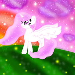 Size: 1000x1000 | Tagged: safe, artist:katya, character:princess celestia, species:alicorn, species:pony, cloud, dew, grass, insect, pink-mane celestia, sparkles, stars, sun, sunrise, young